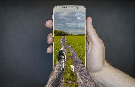 Smartphone, Gå, Mand Med Hund, Mobil
