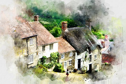 England, Akvarell, Shaftesbury, Engelsk