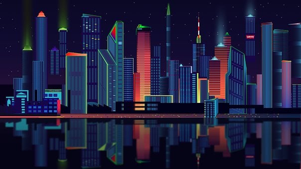 Drawing of colorful skyscrapers before a river on a dark night