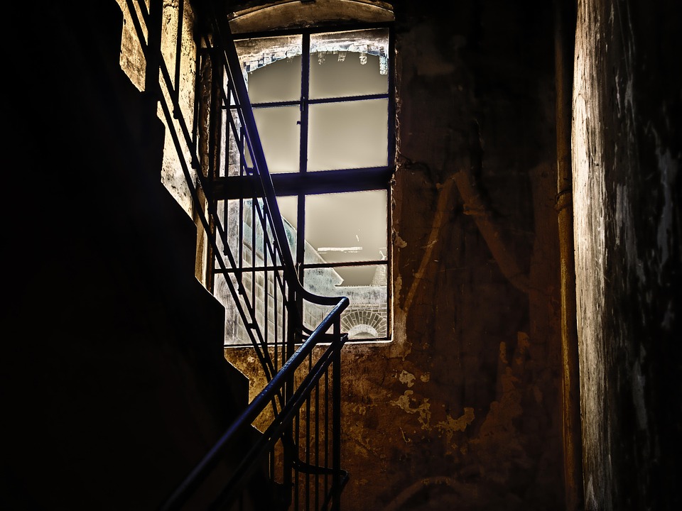 Hallway, Stairs, Staircase, Window, Railing, Night