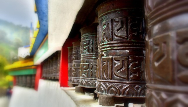 travel, spirituality, tourism, ornate, outdoors, culture, buddhist, prayer, wheel, copper, temple