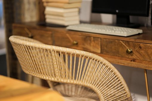 デスク, コンピューター, モニター, キーボード, 木, 家具, 森の中, 内