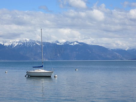 Bote, Lago Lemán, Montañas, Velero