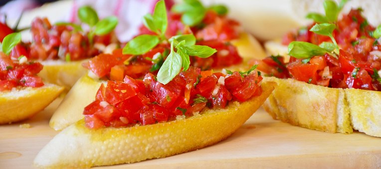 Bruschetta, Bread, Baguette, Tomatoes