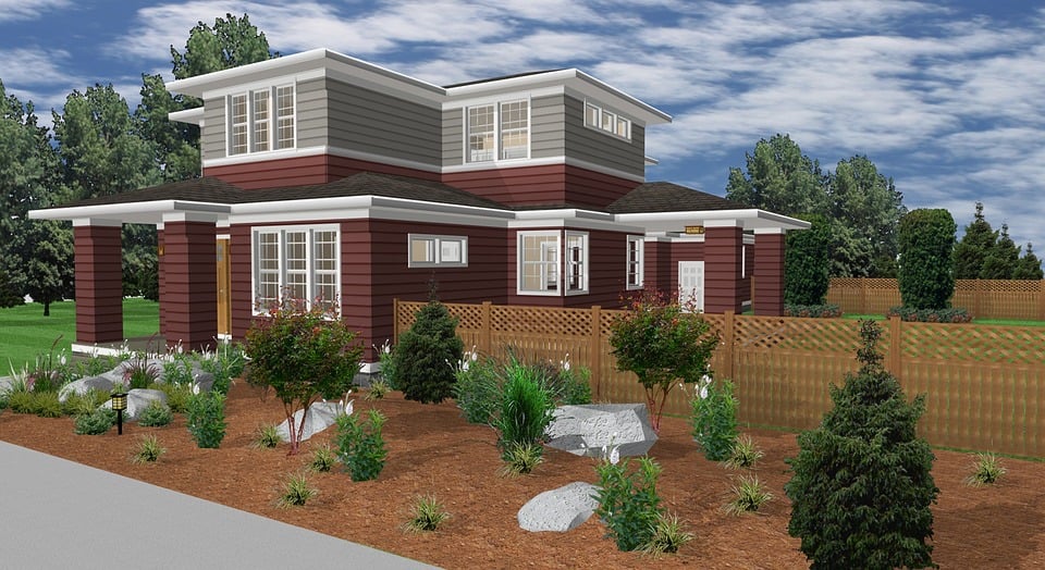 Rendered home front elevation design with red exterior and lush landscaping