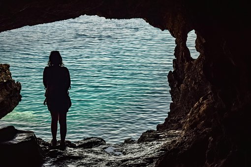 Mujer, Cueva, Mar, Silueta, Naturaleza