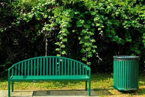 Bank, Papierkorb, Metall, Grün, Park