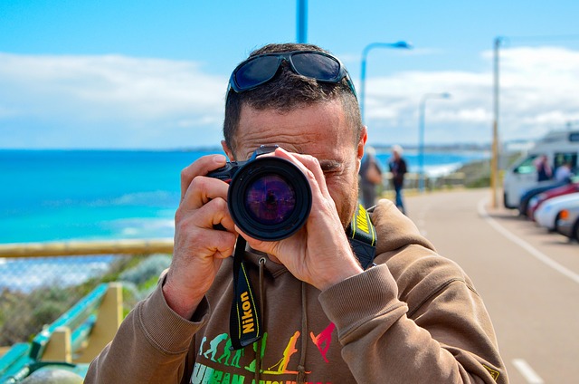 Fotógrafo, Praia, Sol, Agua, Nuvens