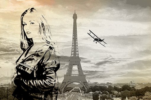 Frau, Eiffelturm, Zeichnung, Flugzeug