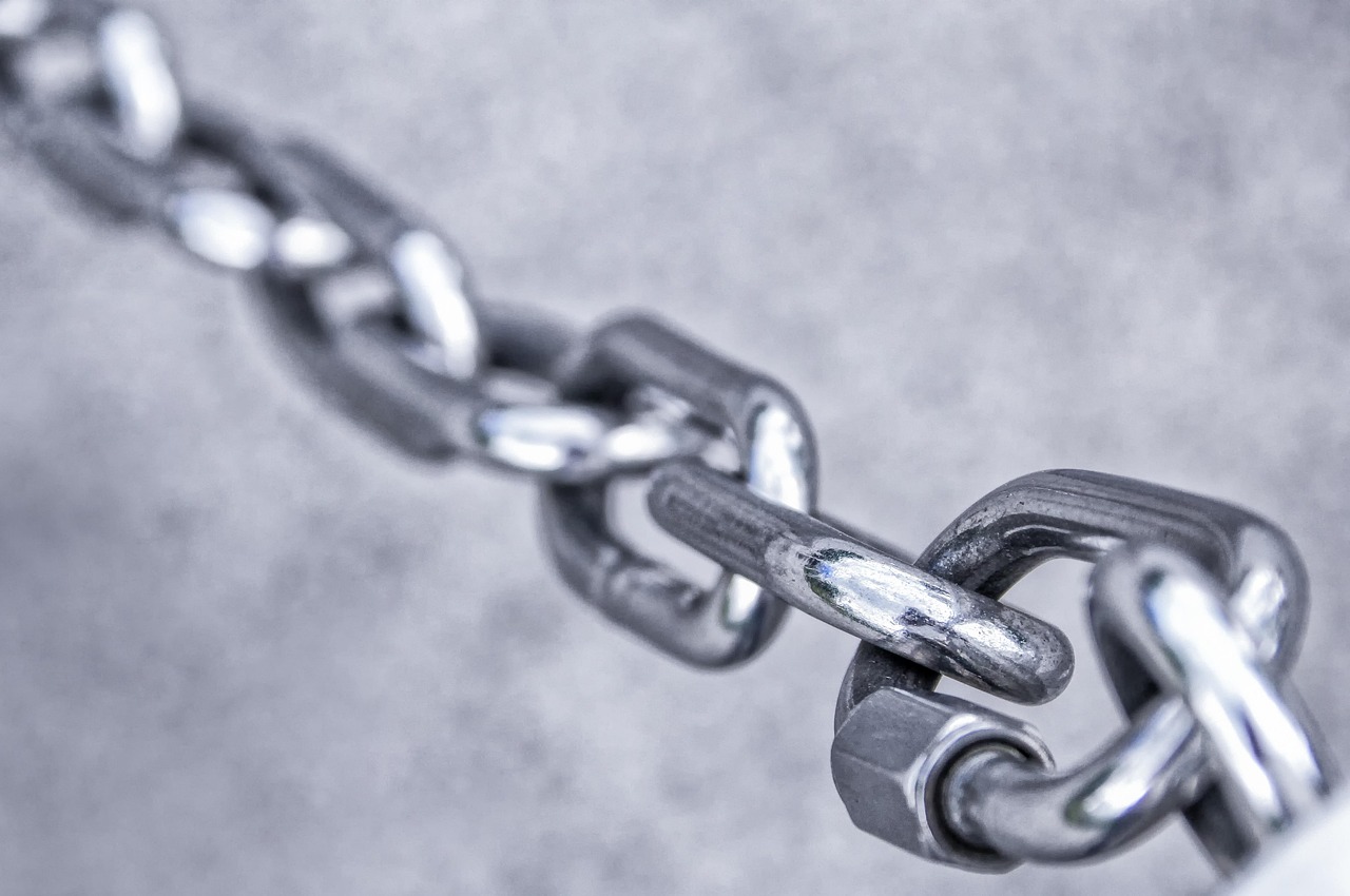 Heavy metal chain links close-up viewed from above.