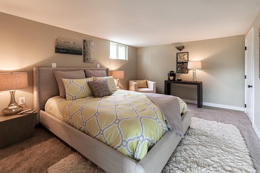 Bedroom, Basement, Bed, Rug, Staging