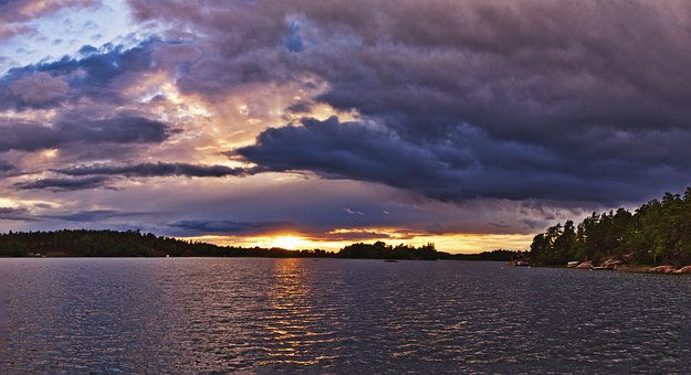 Landskab, Solnedgang, Hav, Skyer