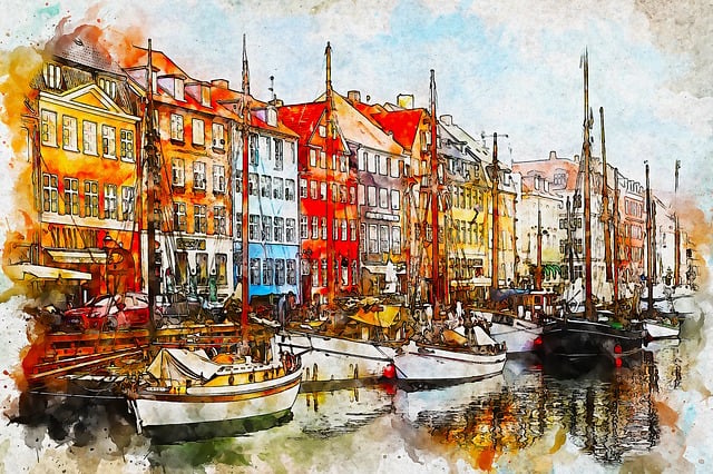 Boote, Schiff, Hafen, Kunst, Aquarell