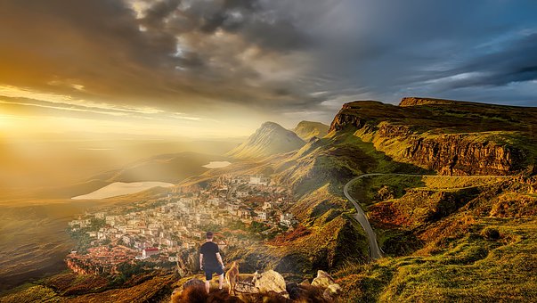 Landschaft, Hund, Mann, Klettern, Natur