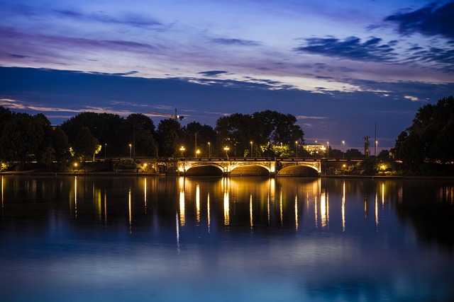 Hamburgo, Ponte, Crepúsculo, Reflexão