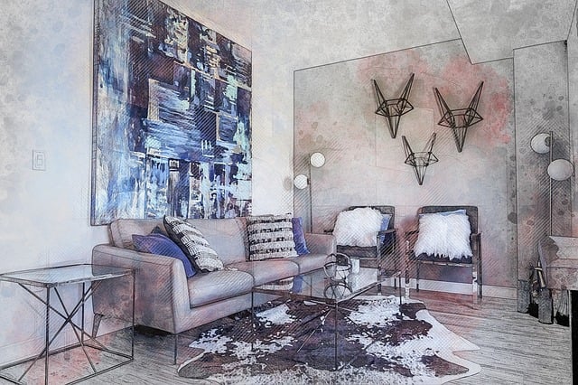 Free living room blue blue painting illustration