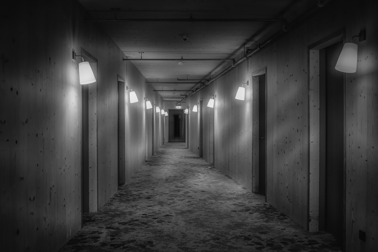 Sonsuza uzanan, numaralı kapılardan oluşan bir otel koridoru illüstrasyonu