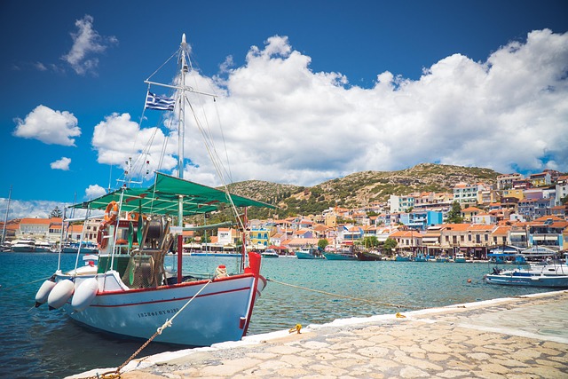 boat, village, water, sea, ship, fishing, coast, blue fish, nature, blue boat, blue village, blue fishing