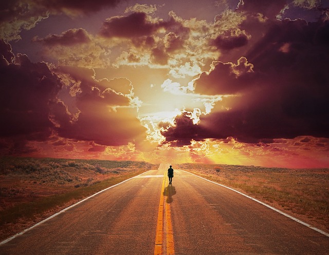 Mann, Sonnenuntergang, Straße, Dämmerung