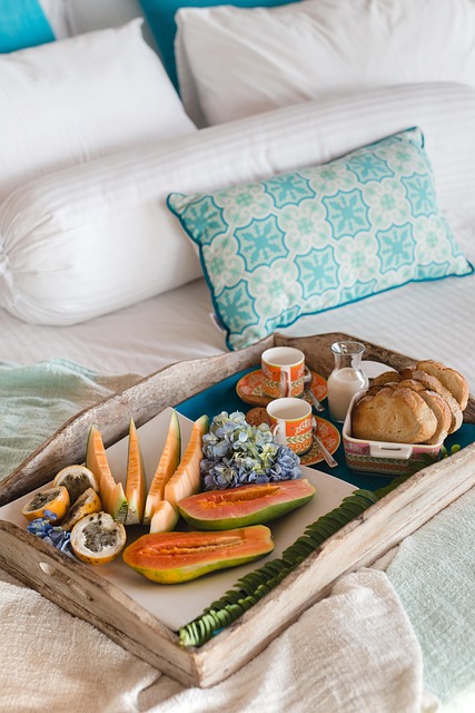 bed, bedroom, pillows, linen, interior, pillow, dream, vacation, breakfast, coffee, fruit, drink, in the morning, nutrition, tray, decor, hotel, pillows, hotel, hotel, hotel, hotel, hotel