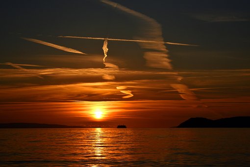 Zonsondergang, Zon, Horizon, Wolken