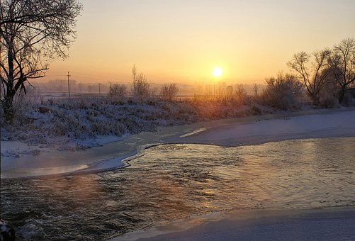 Fluss, Winter, Sonnenuntergang, Frost