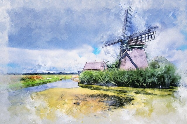 Download free HD stock image of Windmill Pond Free windmill pond clouds illustration