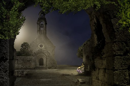 Pátio, Igreja, Menina, Sentado, Noite