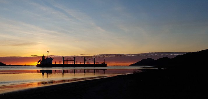 Solnedgang, Skib, Orange, Fragtskib