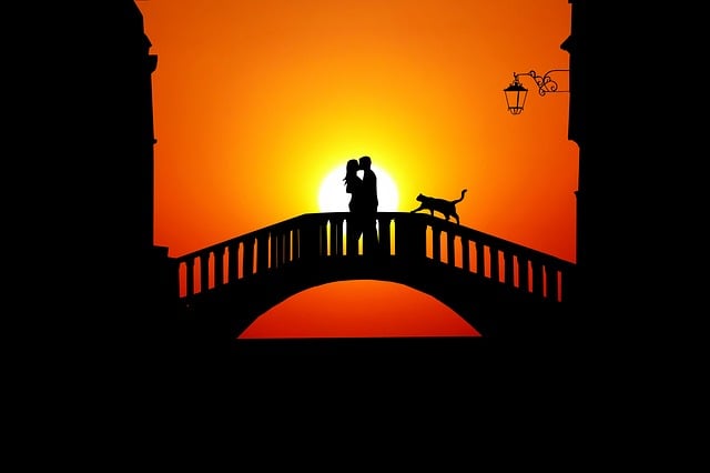 Free sunset couple bridge illustration