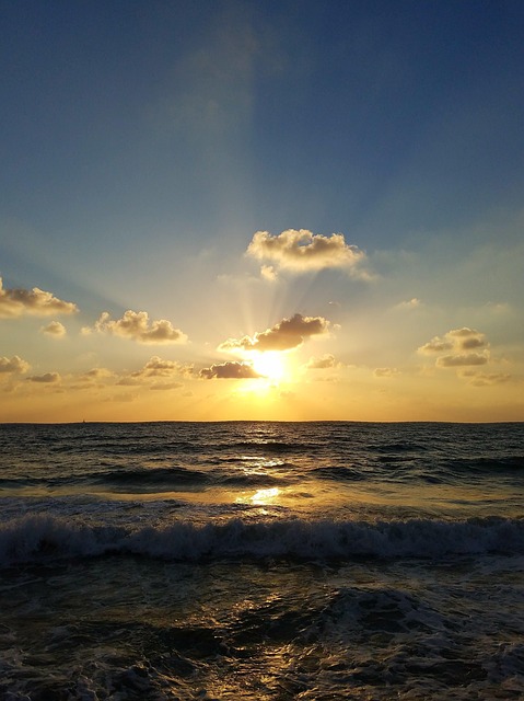 sea, sun, sunset, nature, waves, calm, serene, beautiful, clouds, rays, sun rays