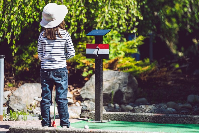 sport, miniature golf, golf, golfing, play, putt, ball, mini, nature, fun, kid, girl, spring, negative space