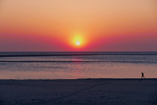 Solnedgang, Hav, Barn, Strand, Vand