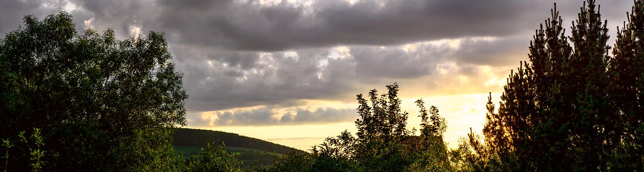 Skyer, Fjell, Panorama, Solnedgang