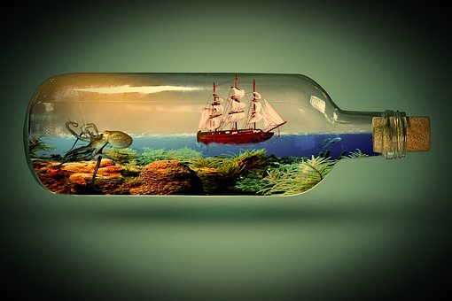 Navio, Copo, Garrafa, Mar