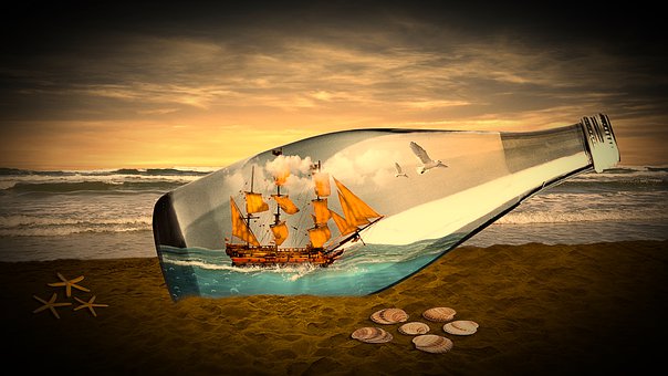 Navio, Piratas, Garrafa, Copo, Gaivotas