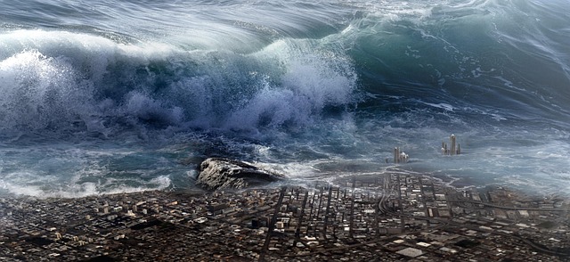 fantasy, dramatic, tsunami, water, city, nature, apocalypse, bad luck, scene, fantastic, photomontage, composing, scary, dream, surreal, grim, fear, danger, nightmare, dangerous, end of the world, destruction, threat, tiny