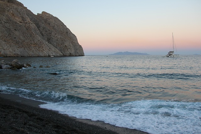 perissa, santorini, black sand, beach, dusk, sea, nature, landscape