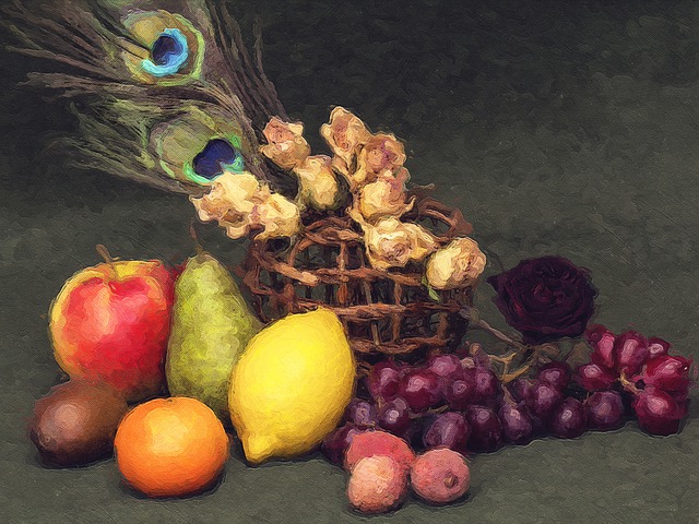Stillleben, Früchte, Blumen
