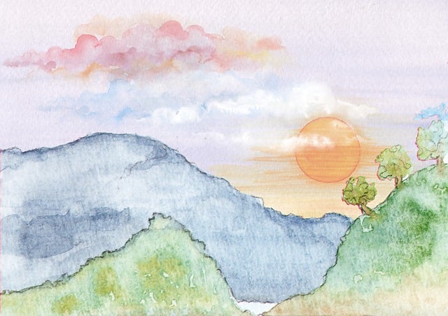 Free landscape sunset watercolor illustration