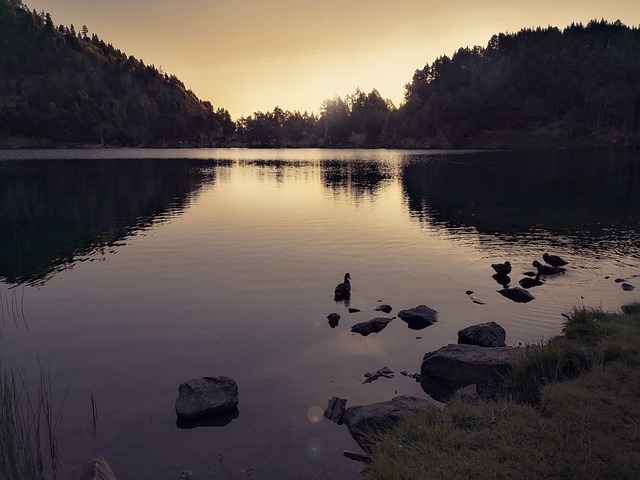 Paisaje, Puesta De Sol, Lago, Montañas