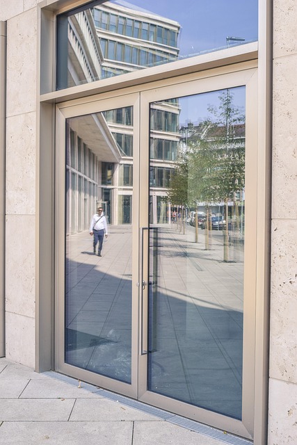 architecture, reflection, building, facade, modern, city, glass, house facade, discs, glass facade, door, road, human, office building, house