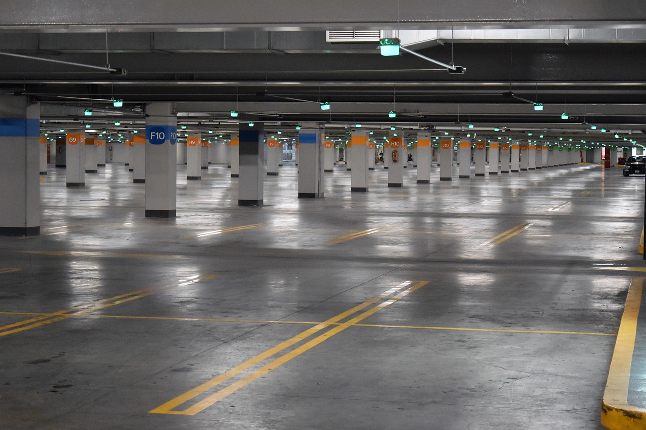 Car park with freshly painted line markings