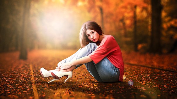 Herbst, Frauen, Rot, Hübsch, Asiatisch