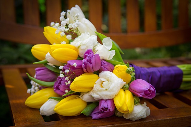 flowers, bouquet, purple, tulips, flower wallpaper, love, beautiful flowers, wedding, nature, flower background, romantic, bloom, spring, romance, yellow, white, brown wedding
