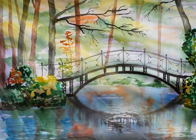 Free bridge forest pond illustration