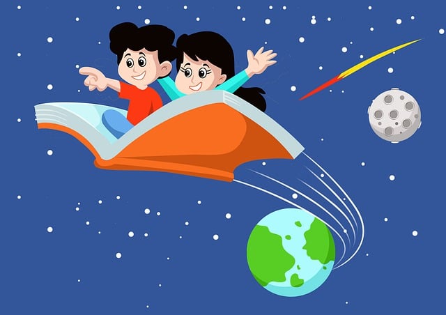 Free boy girl book flying on a book illustration