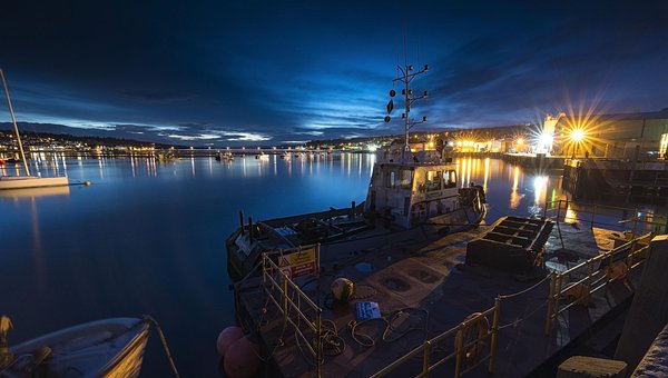 Puerto, Noche, Agua, Río, Estuario