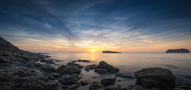 Paisaje, Amanecer, Oceano, Rocas, Nubes