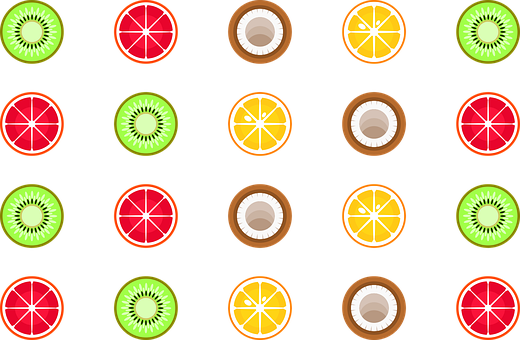 Kiwi, Grapefrukt, Kokosnøtt, Oransje